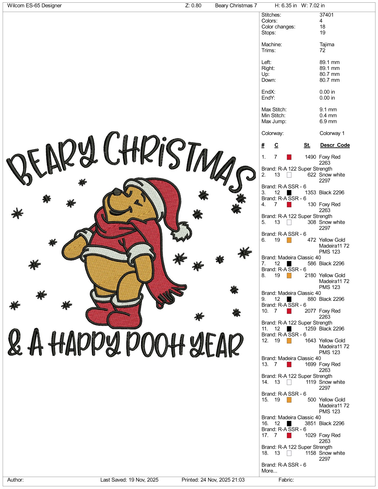 Beary Christmas & a Happy Pooh Year Embroidery Design Files - 5 Size's