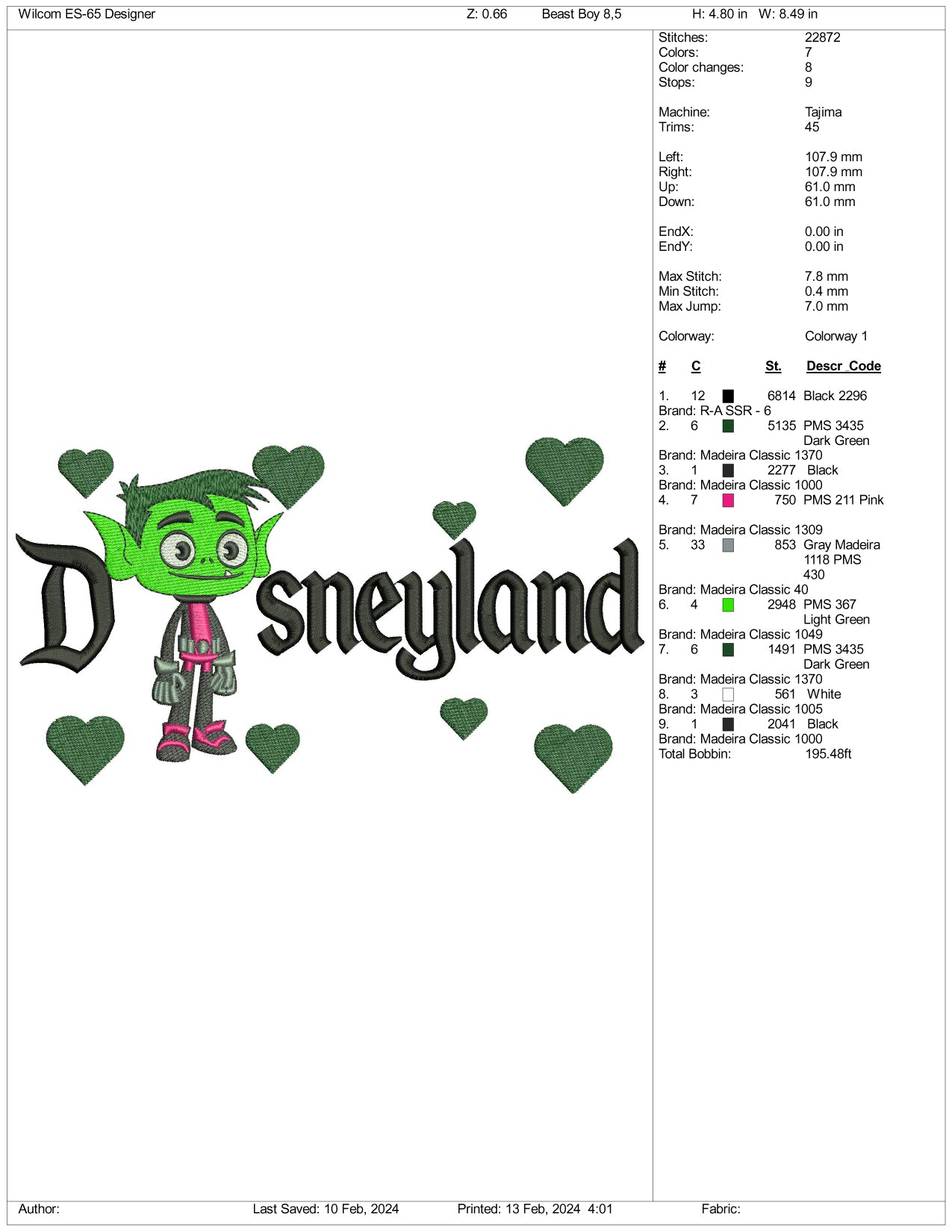 Beast Boy Disneyland Embroidery Design Files - 3 Size's