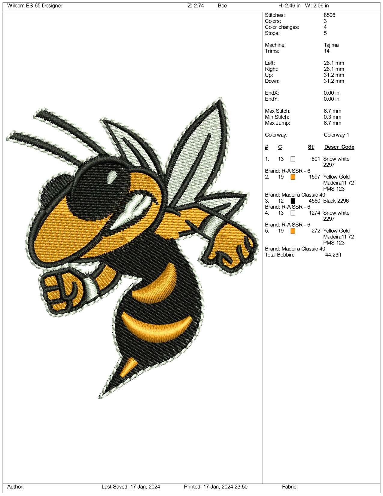 Bee Embroidery Design Files - 3 Size's