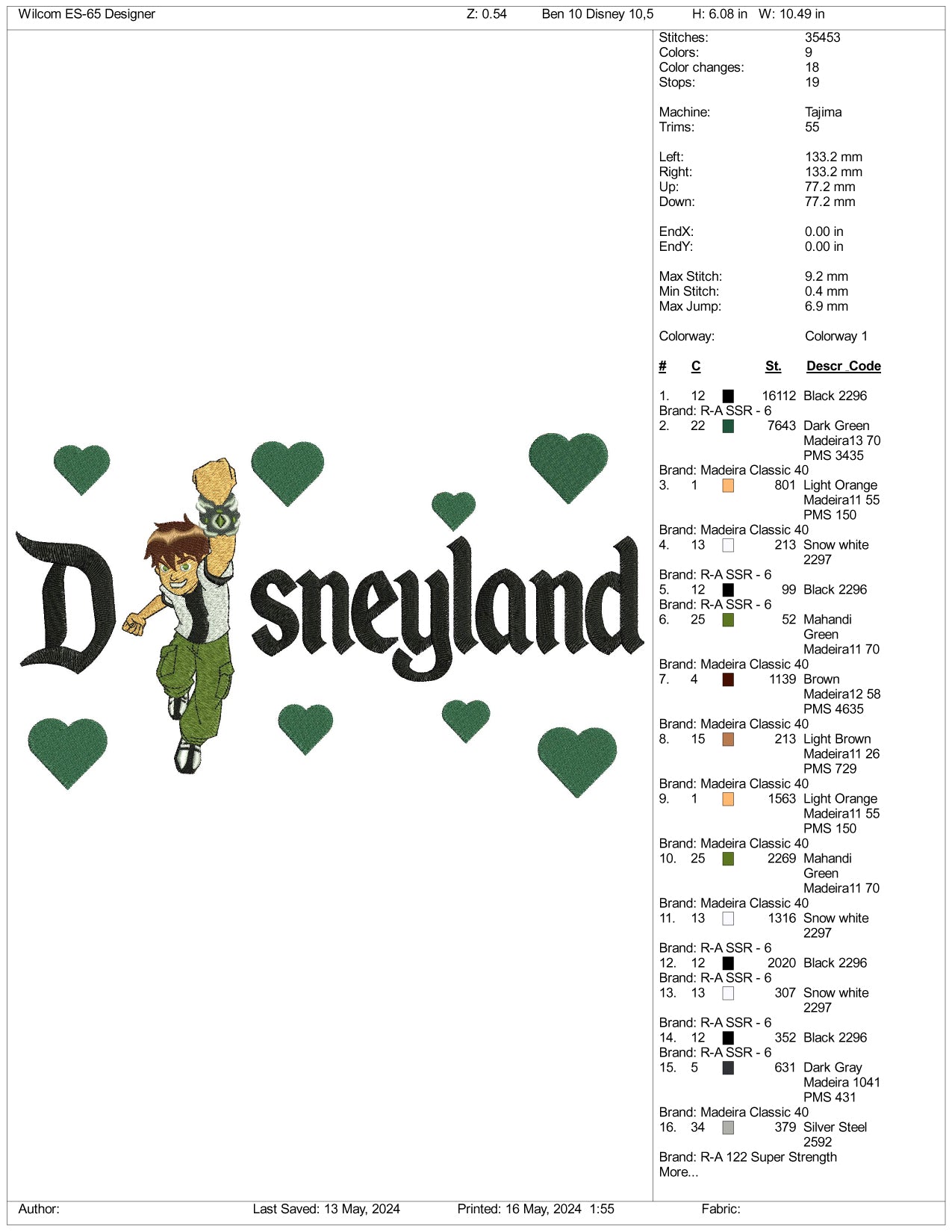 Ben 10 Disneyland Embroidery Design Files - 3 Sizes