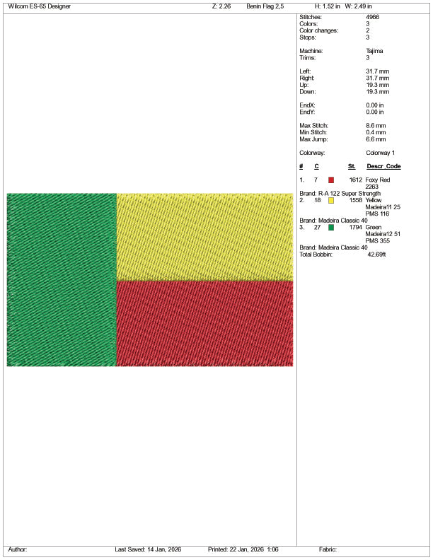 Benin Flag Embroidery Design Files - 3 Size's