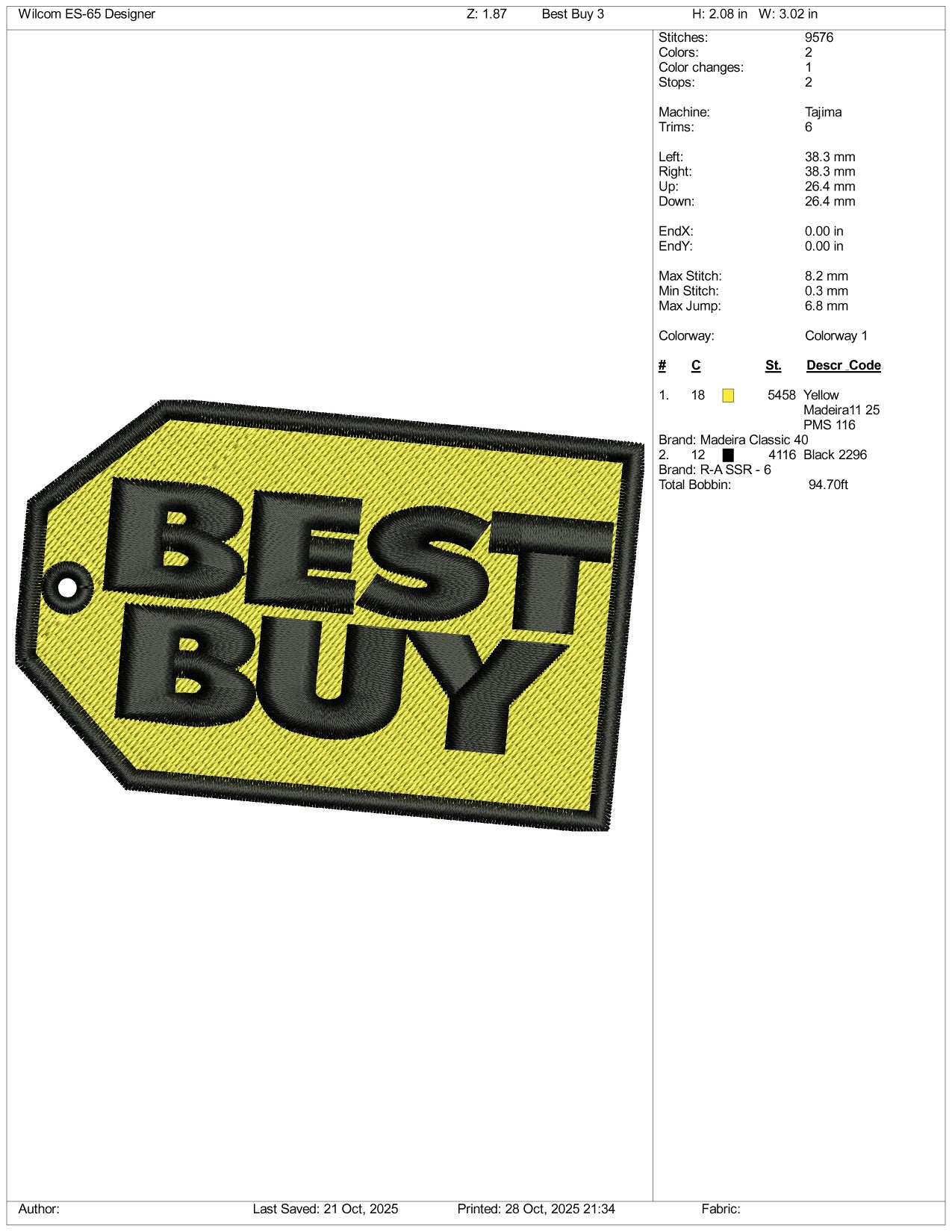 Best Buy Logo Embroidery Design Files - 3 Size's