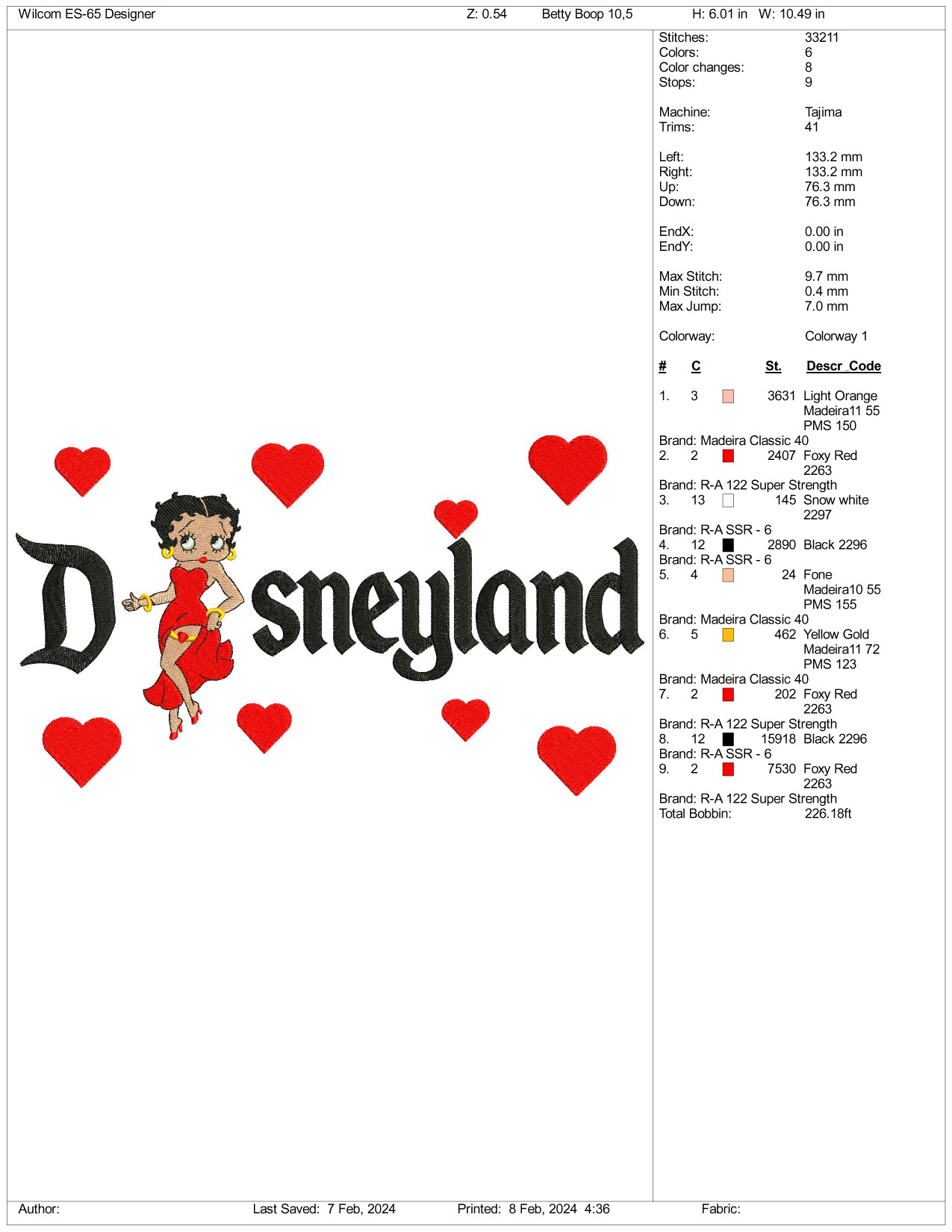 Betty Boop Disneyland Embroidery Design Files - 3 Size's