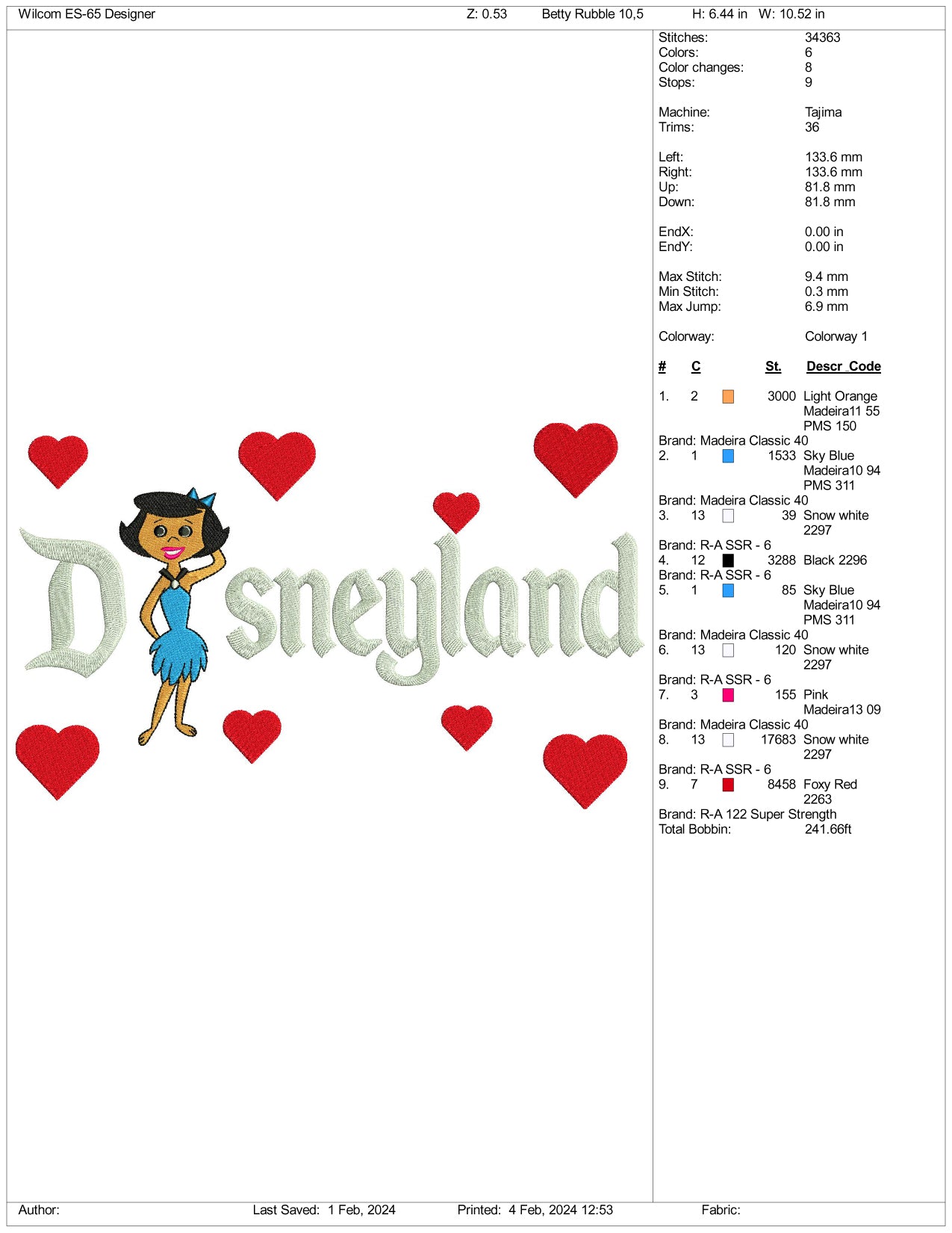 Betty Rubble Disneyland Embroidery Design Files - 3 Size's