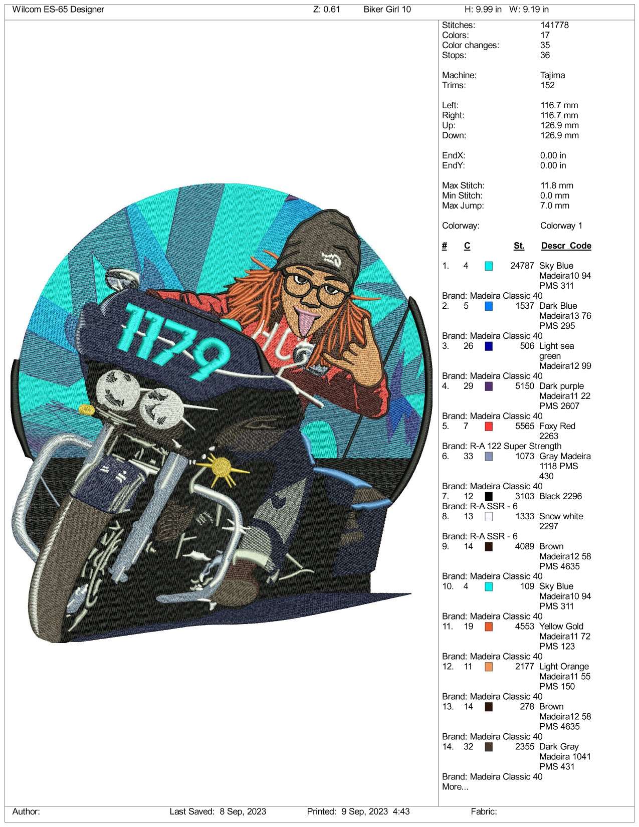 Chill Biker Girl Embroidery Design Files - 3 Size's