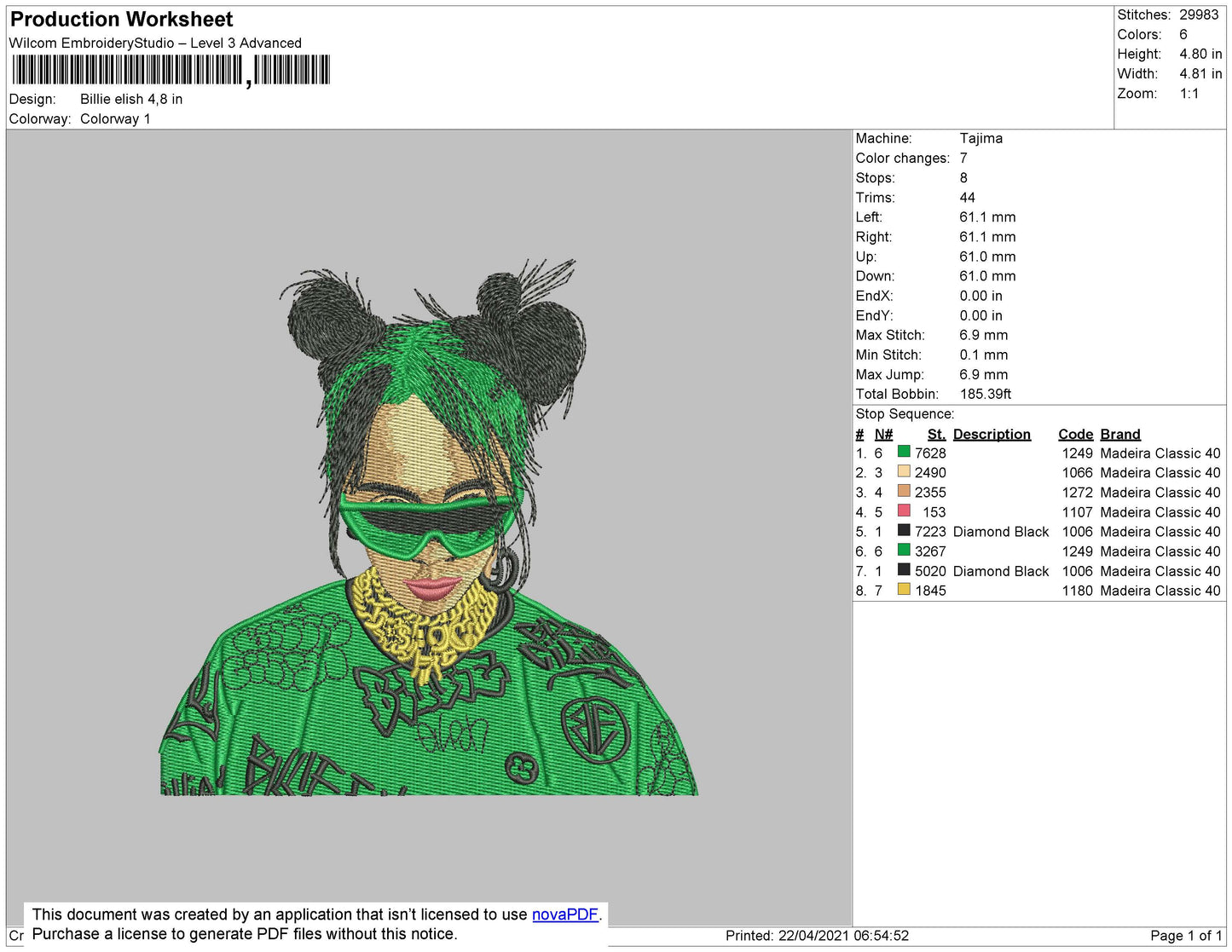Billie Eilish Embroidery Design Files - 5 Sizes