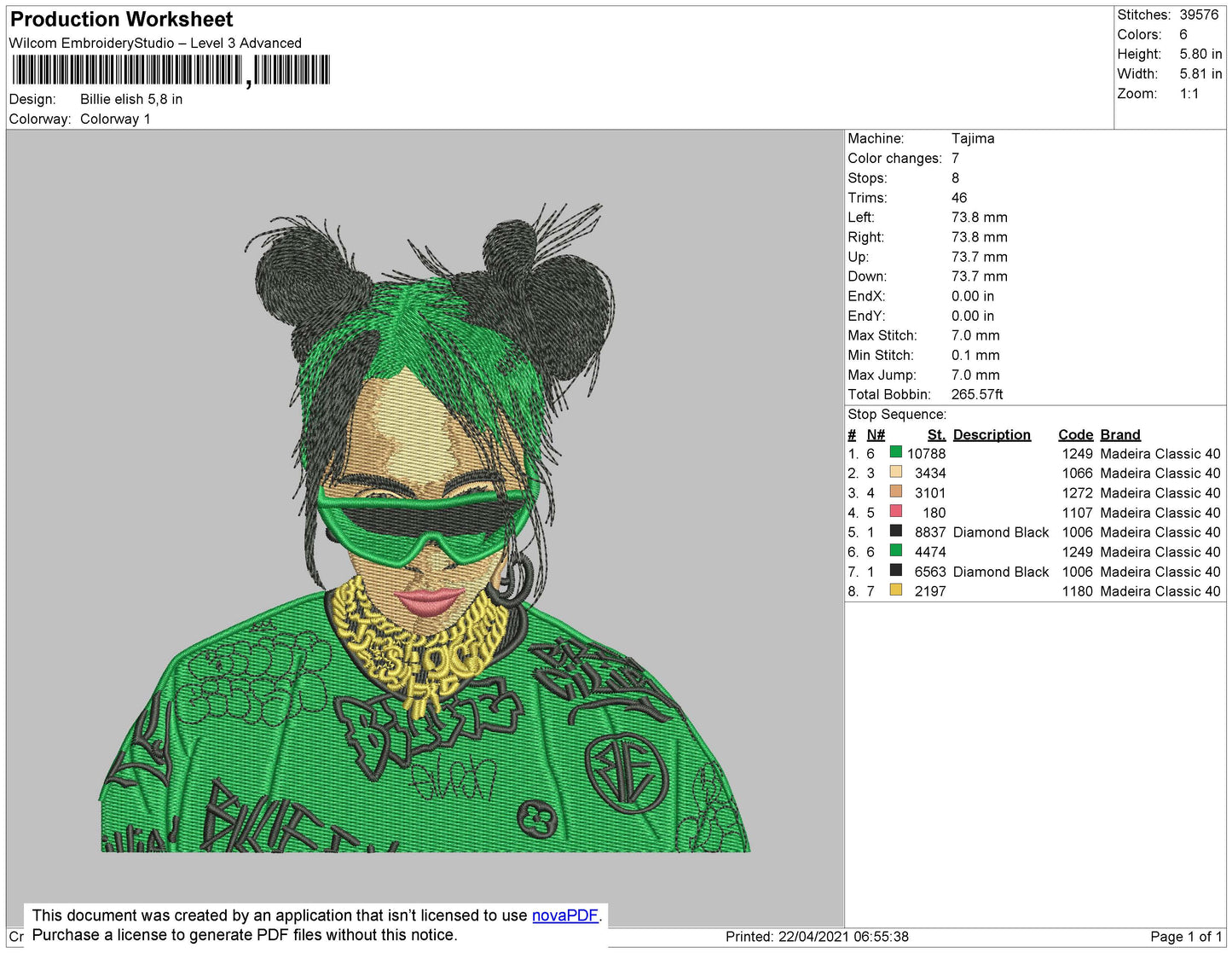Billie Eilish Embroidery Design Files - 5 Sizes
