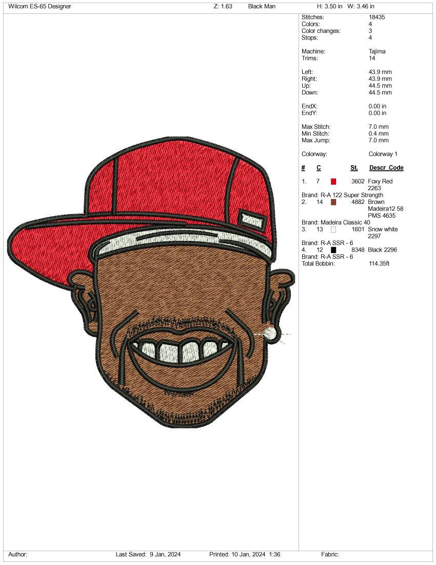 Black Man Face Embroidery Design Files - 3 Size's