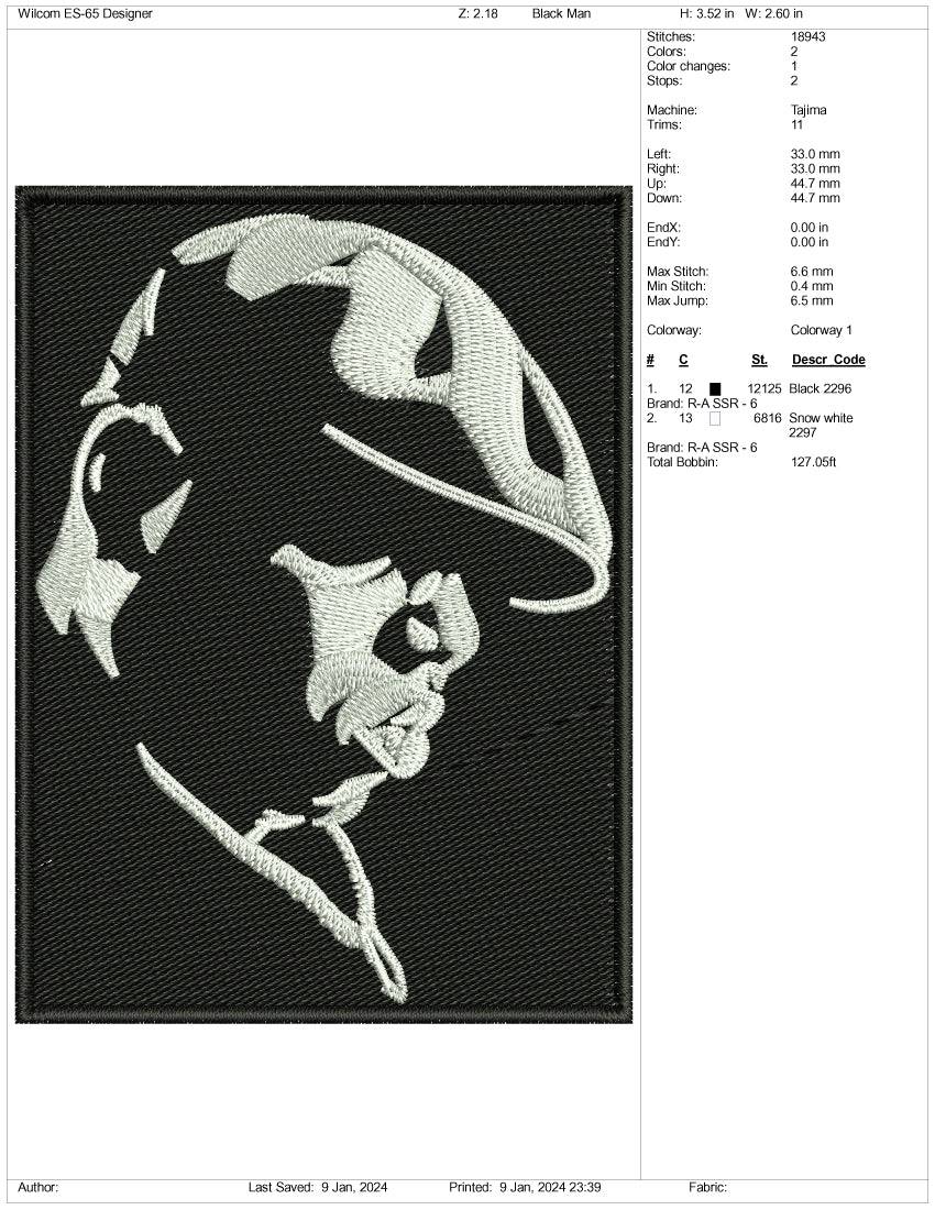 Black Man Portrait Embroidery Design Files - 3 Size's