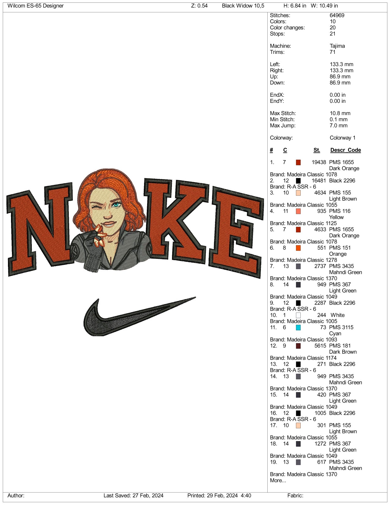 Nike Black Widow Embroidery Design Files - 3 Size's