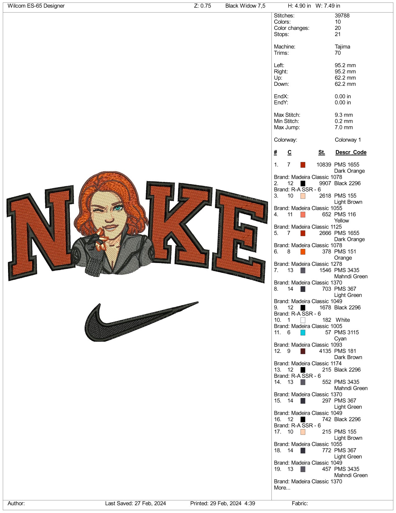 Nike Black Widow Embroidery Design Files - 3 Size's