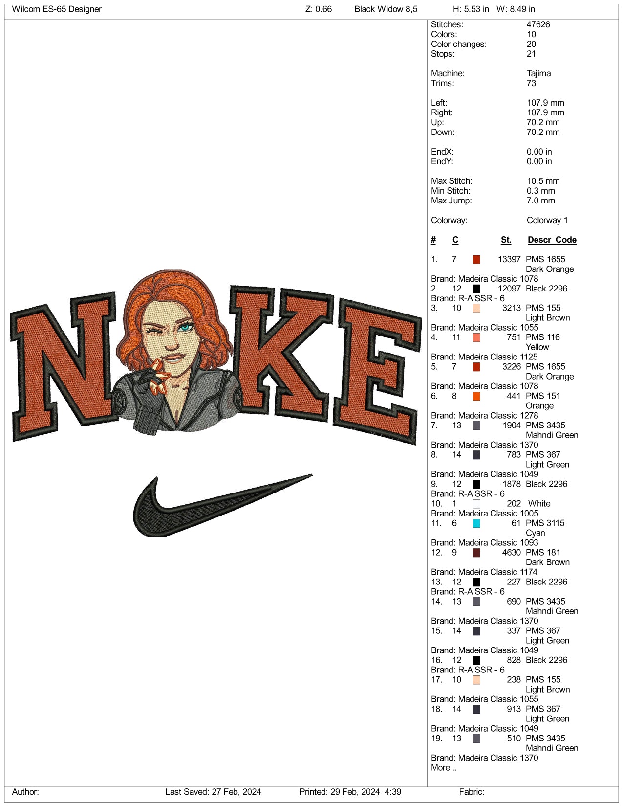 Nike Black Widow Embroidery Design Files - 3 Size's