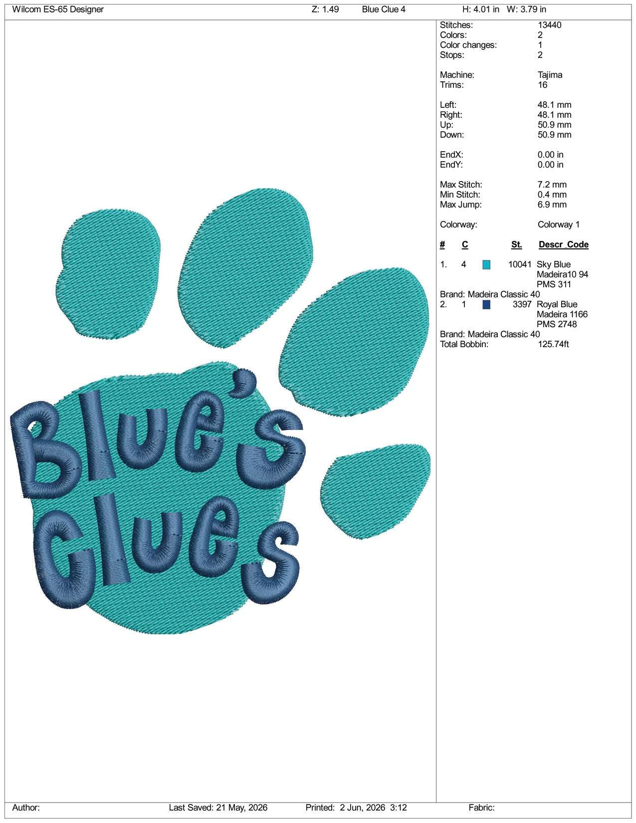 Blue Glue Paw Logo Embroidery Design Files - 3 Size's