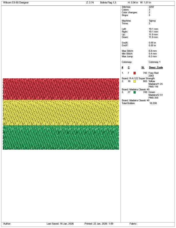 Bolivia Flag Embroidery Design Files - 3 Size's