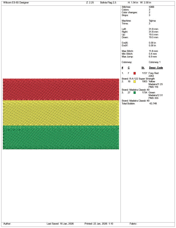 Bolivia Flag Embroidery Design Files - 3 Size's
