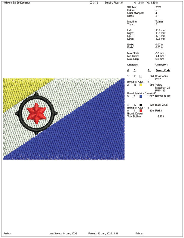 Bonaire Flag Embroidery Design Files - 3 Size's