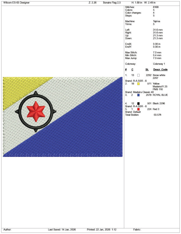 Bonaire Flag Embroidery Design Files - 3 Size's