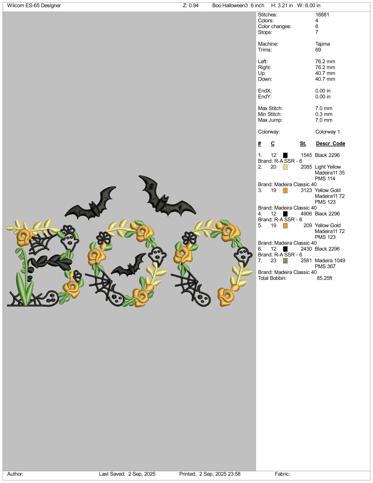 Floral Vampire Boo Embroidery Design Files - 3 Size's