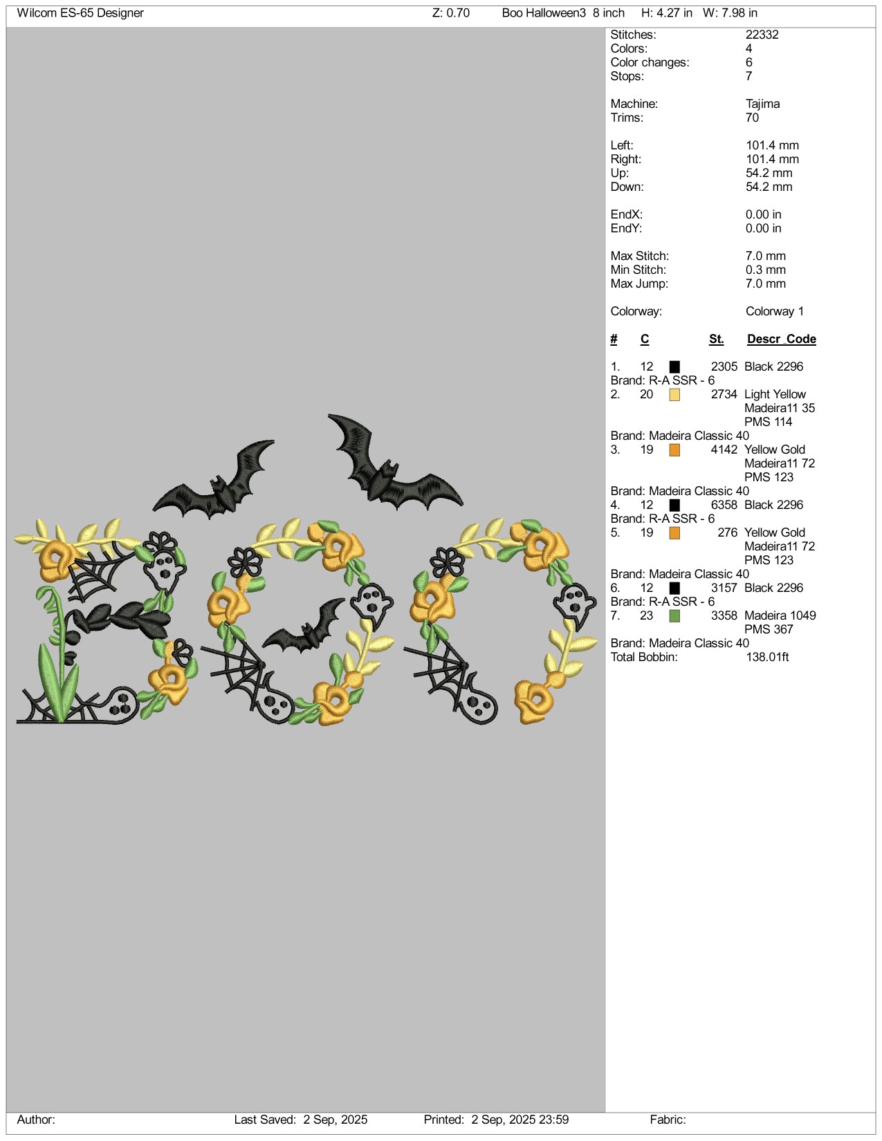 Floral Vampire Boo Embroidery Design Files - 3 Size's