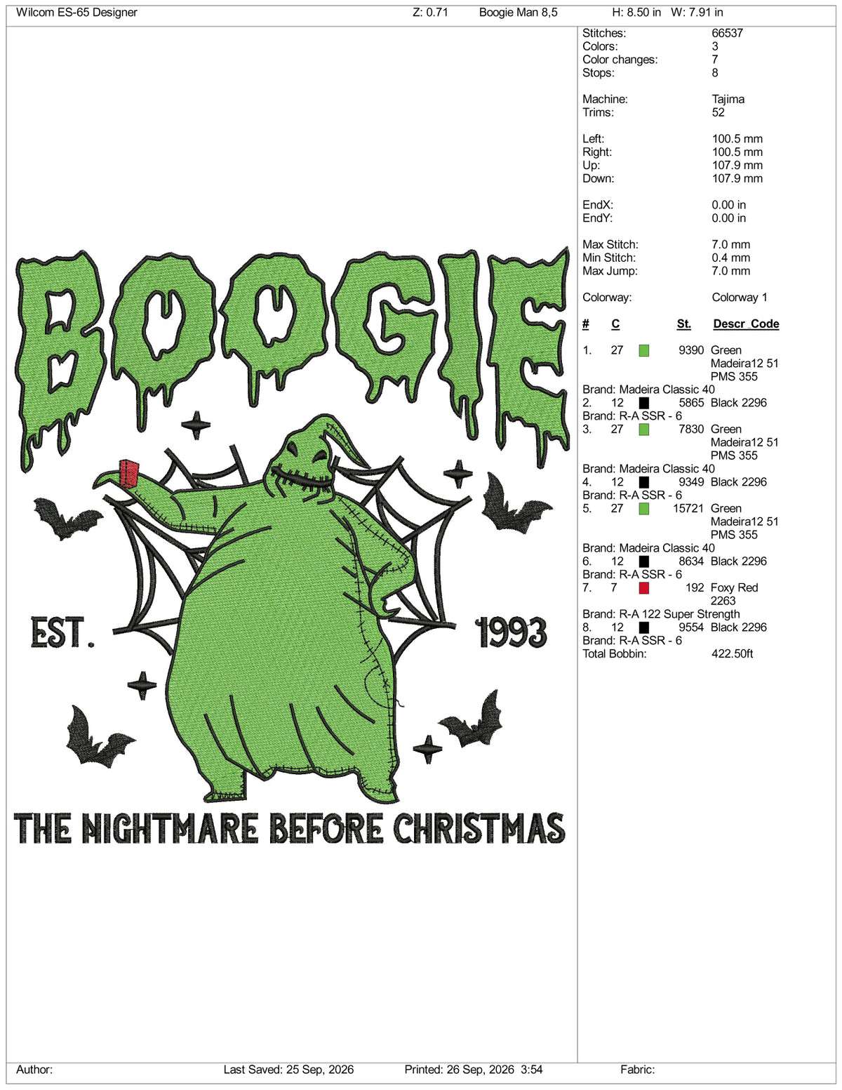 Boogie Man The Nightmare Before Christmas Embroidery Design Files - 3 Size's
