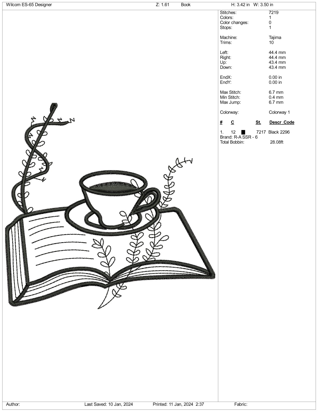 Book With Coffee Cup Embroidery Design Files - 3 Size's