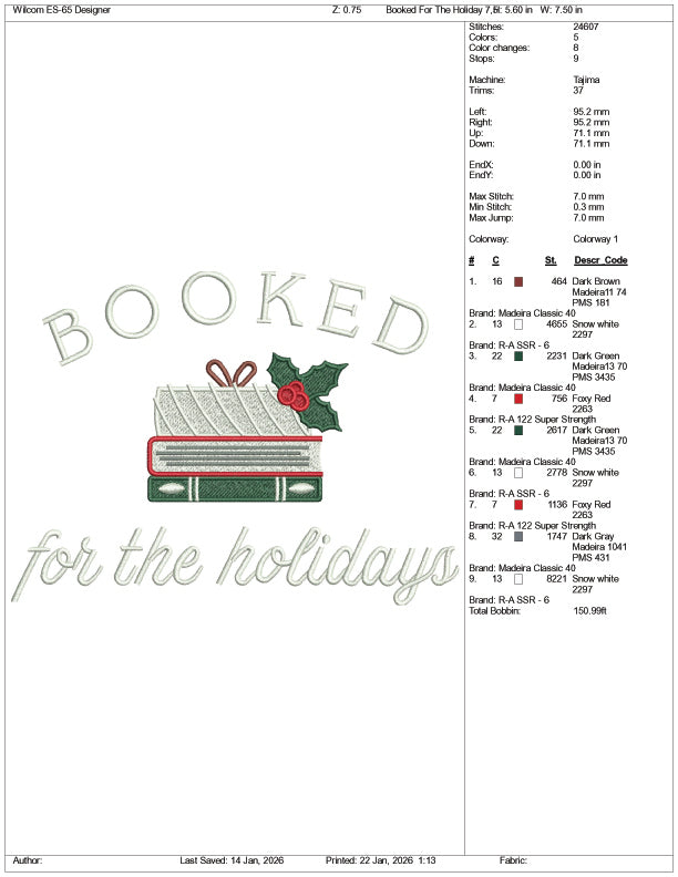 Booked For The Holiday Embroidery Design Files - 3 Size's