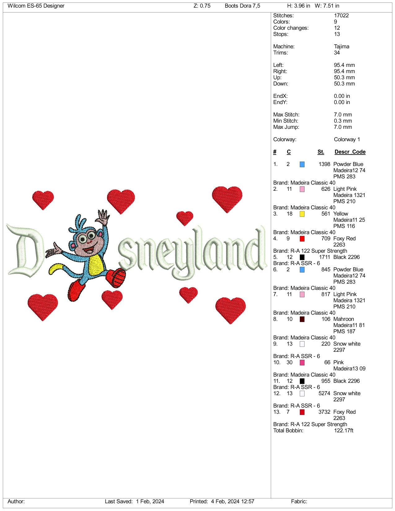 Boots Disneyland Embroidery Design Files - 3 Size's