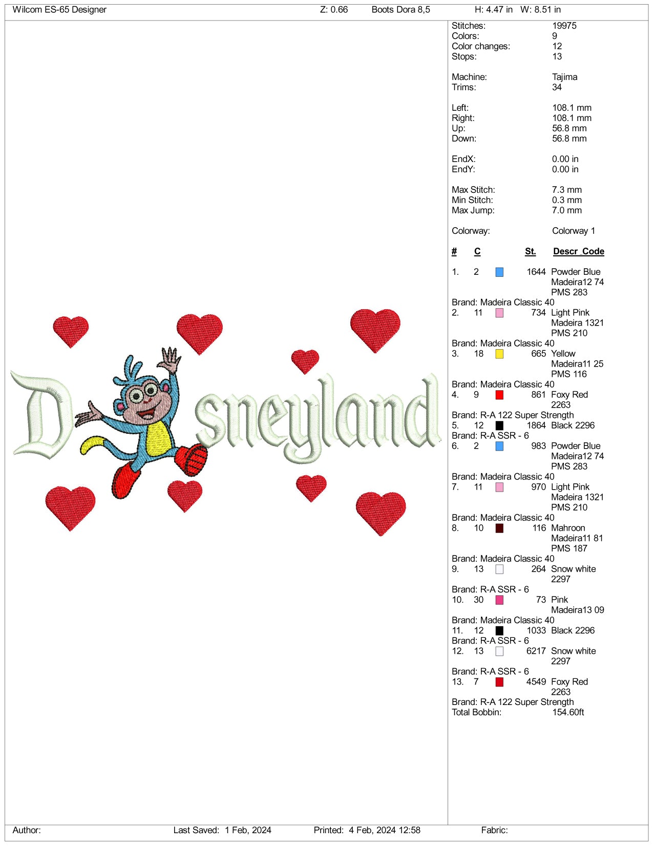 Boots Disneyland Embroidery Design Files - 3 Size's