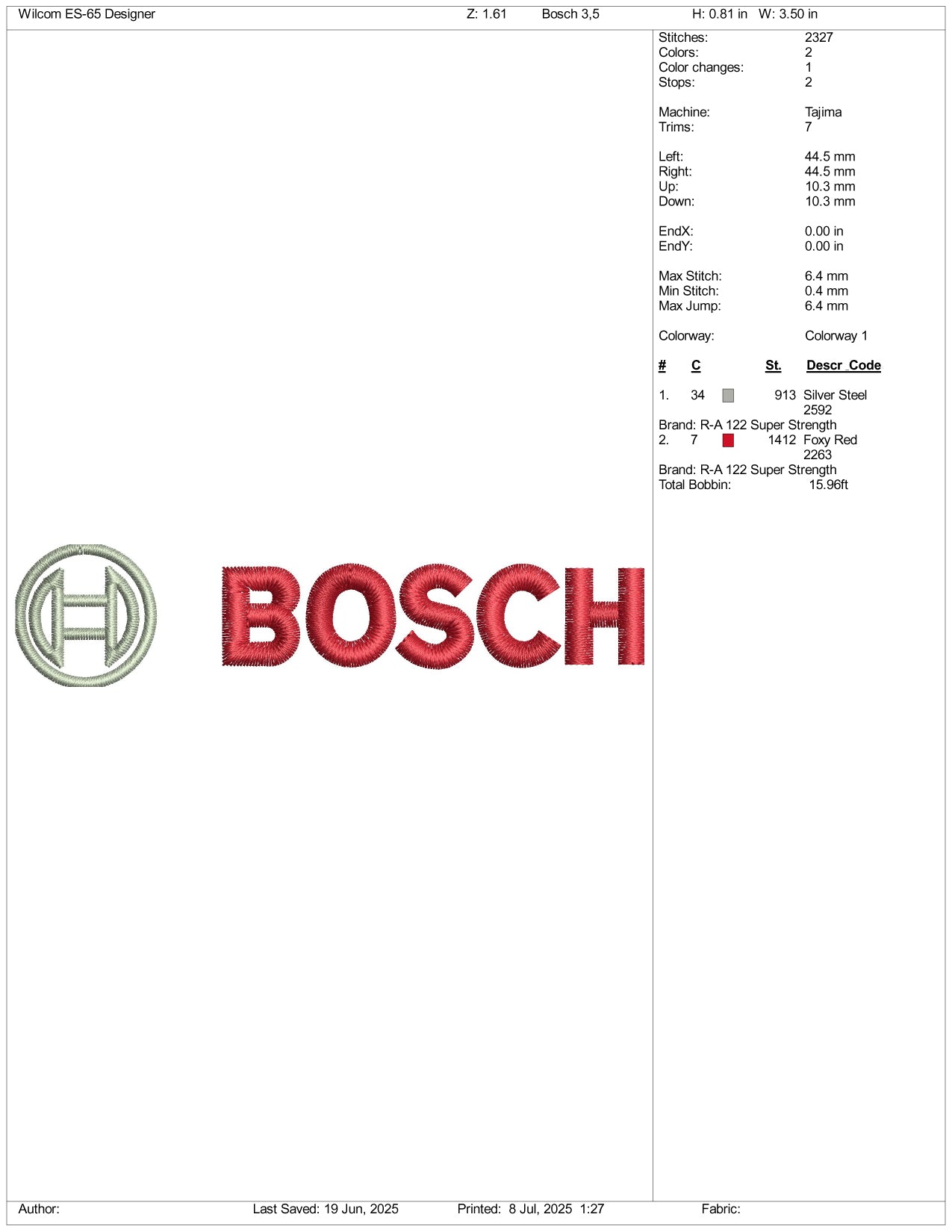 BOSCH Logo Embroidery Design Files - 3 Size's