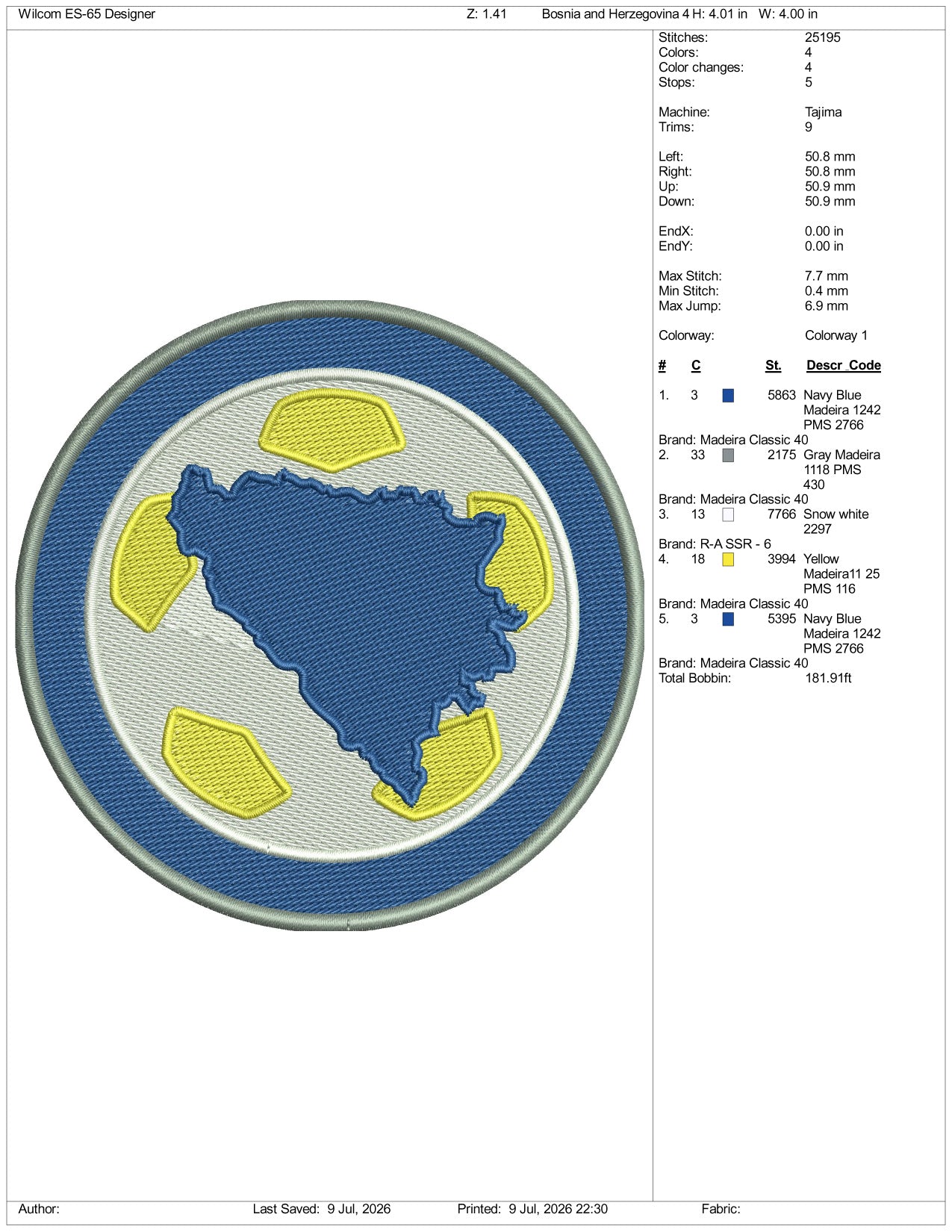 Bosnia and Herzegovina Football Logo Embroidery Design Files - 3 Size's