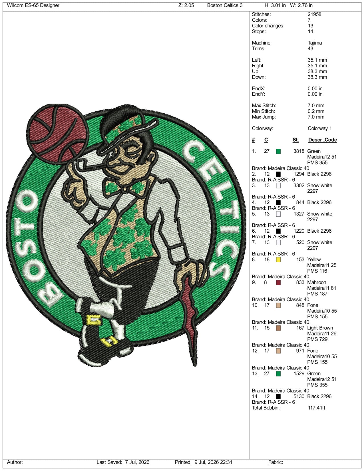 Boston Celtics Basketball Logo Embroidery Design Files - 3 Size's