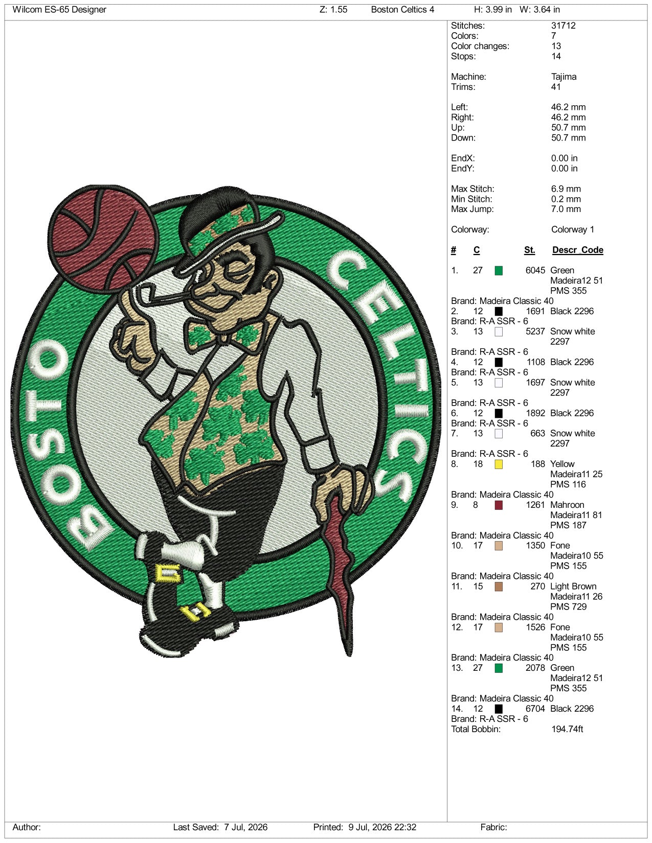 Boston Celtics Basketball Logo Embroidery Design Files - 3 Size's
