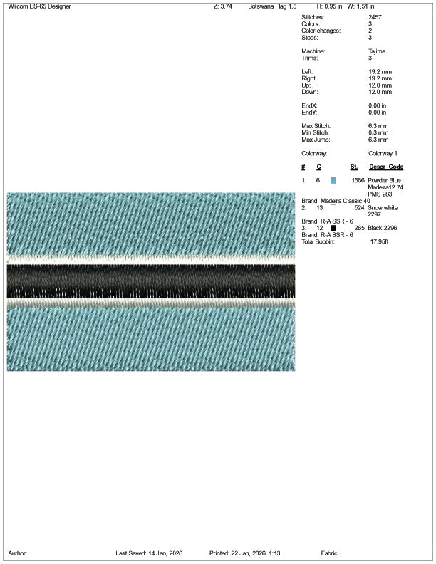 Botswana Flag Embroidery Design Files - 3 Size's