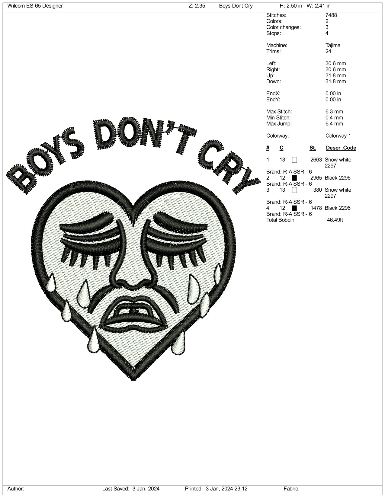 Boys Don't Cry Embroidery Design Files - 3 Size's