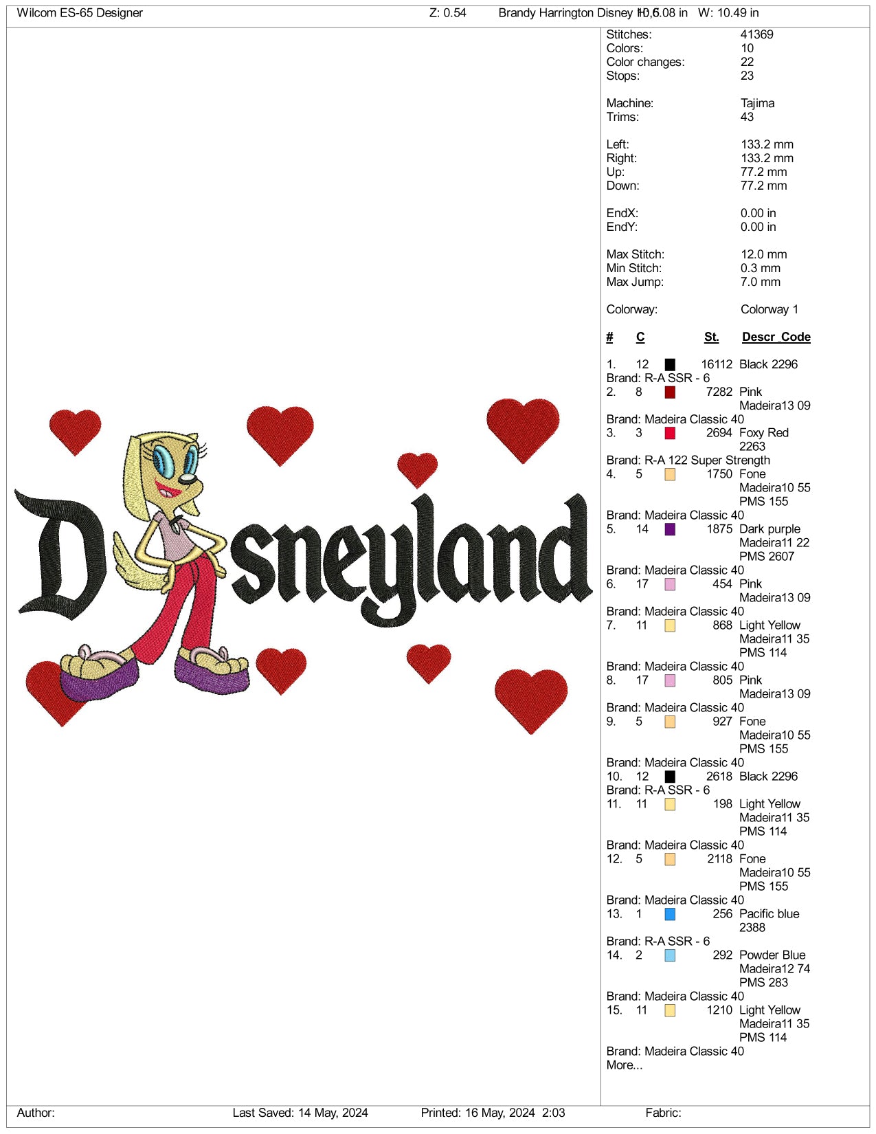 Brandy Harrington Disneyland Embroidery Design Files - 3 Sizes