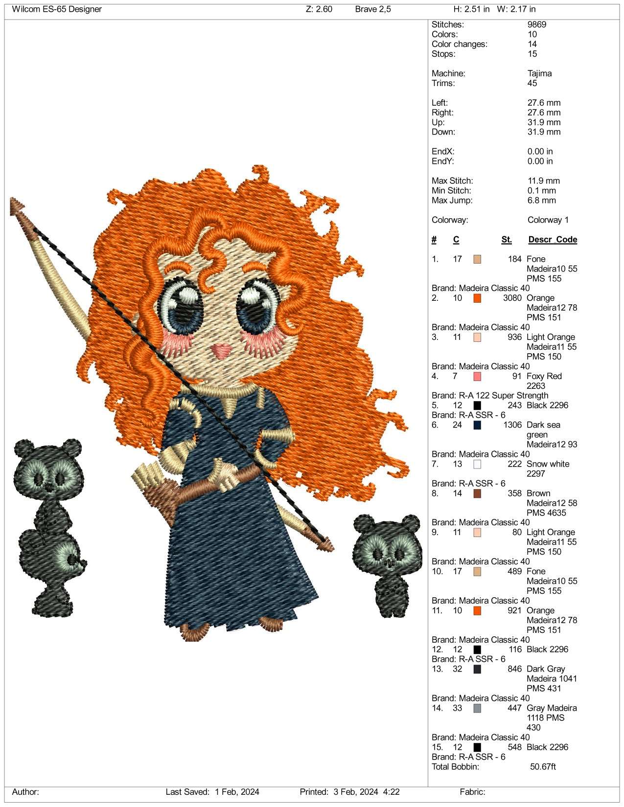 Chibi Princess Merida Embroidery Design Files - 3 Size's