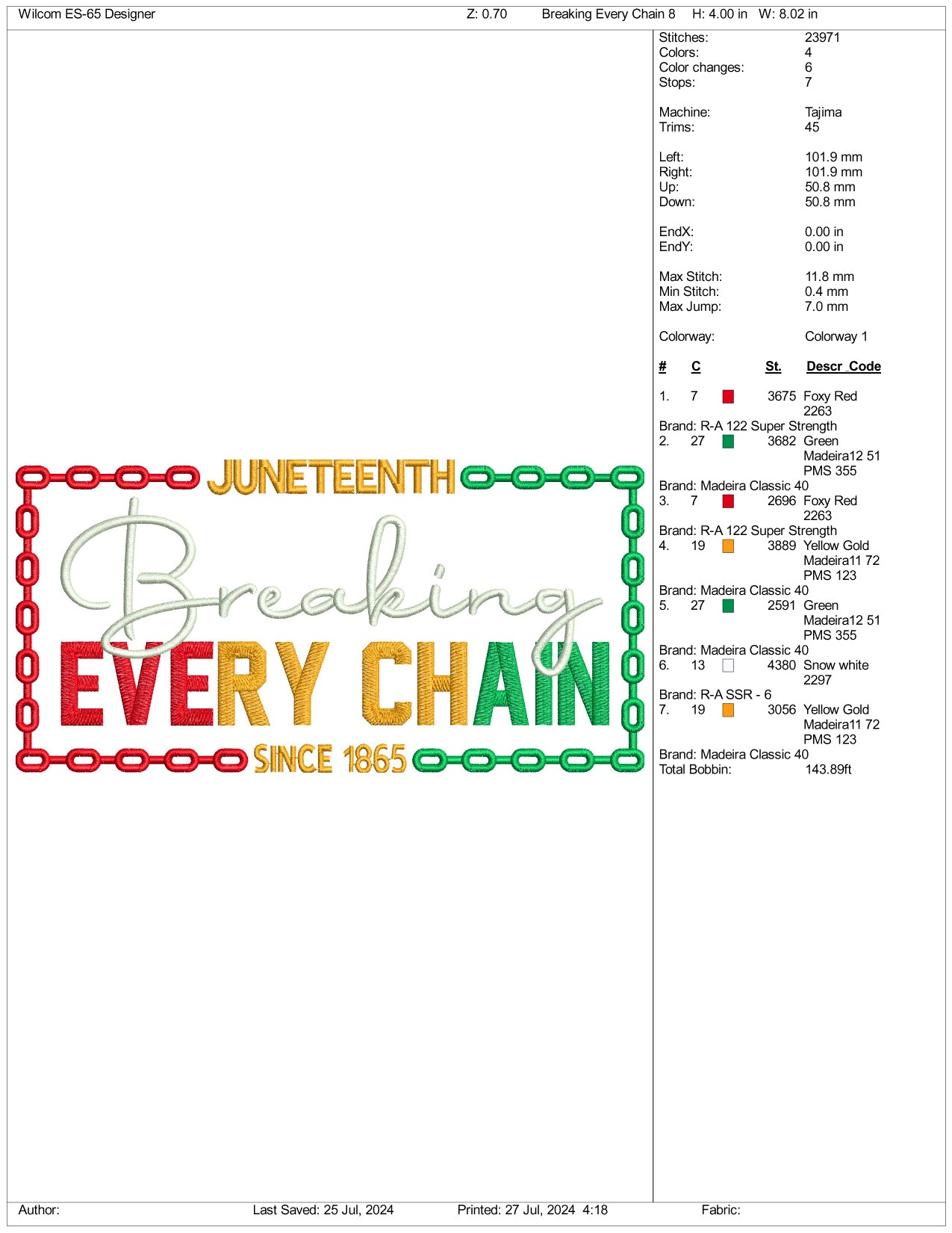 Breaking Every Chain Embroidery Design Files - 3 Size's