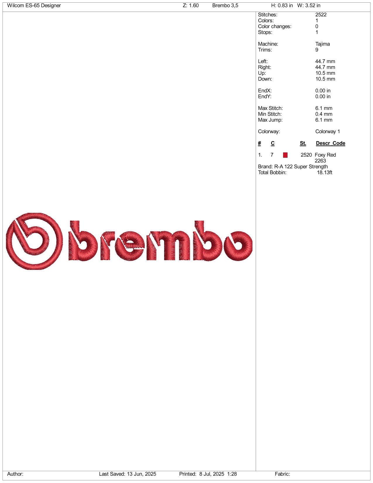 BremboLogo Embroidery Design Files - 3 Size's