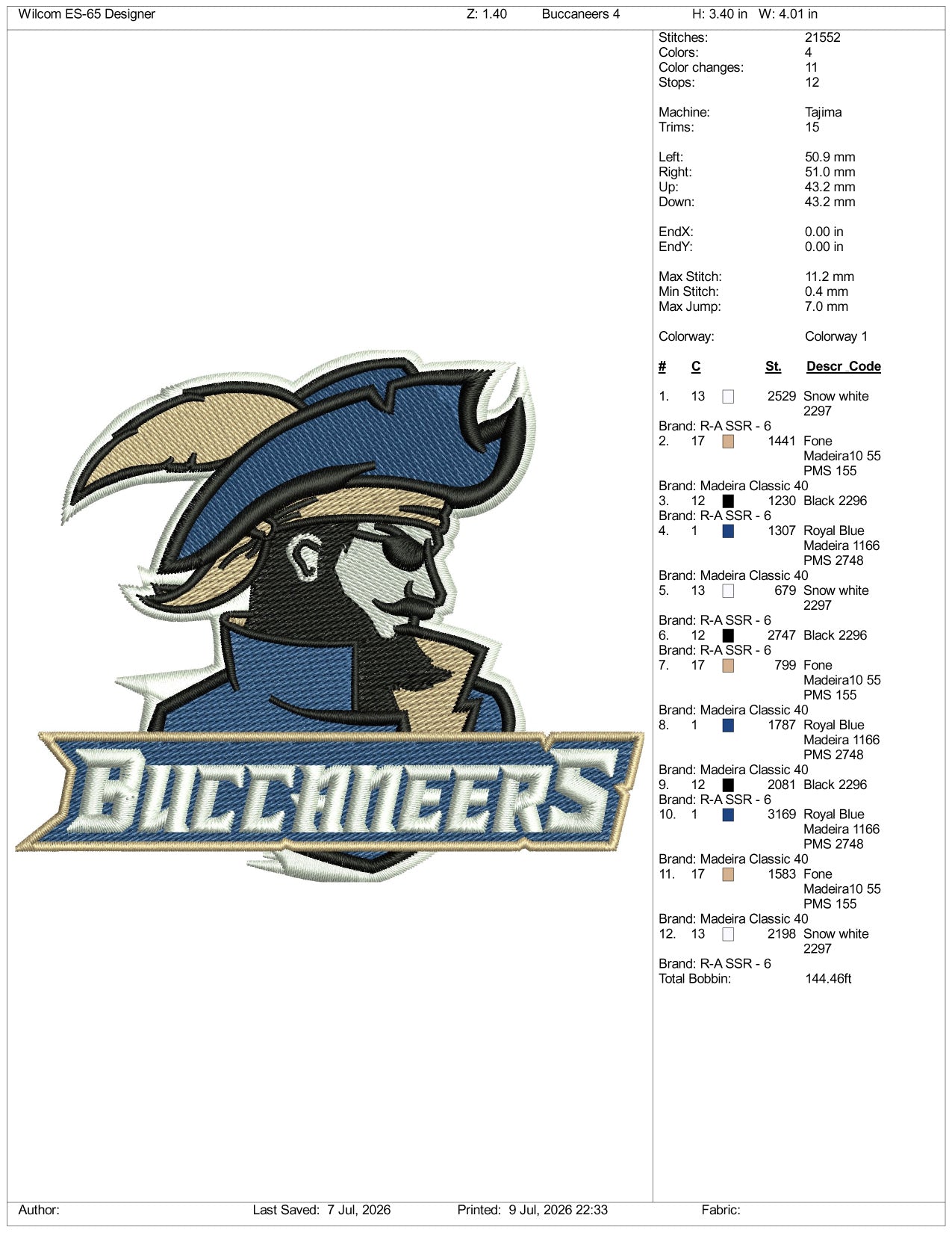 Charleston Southern Buccaneers Football Logo Embroidery Design Files - 3 Size's