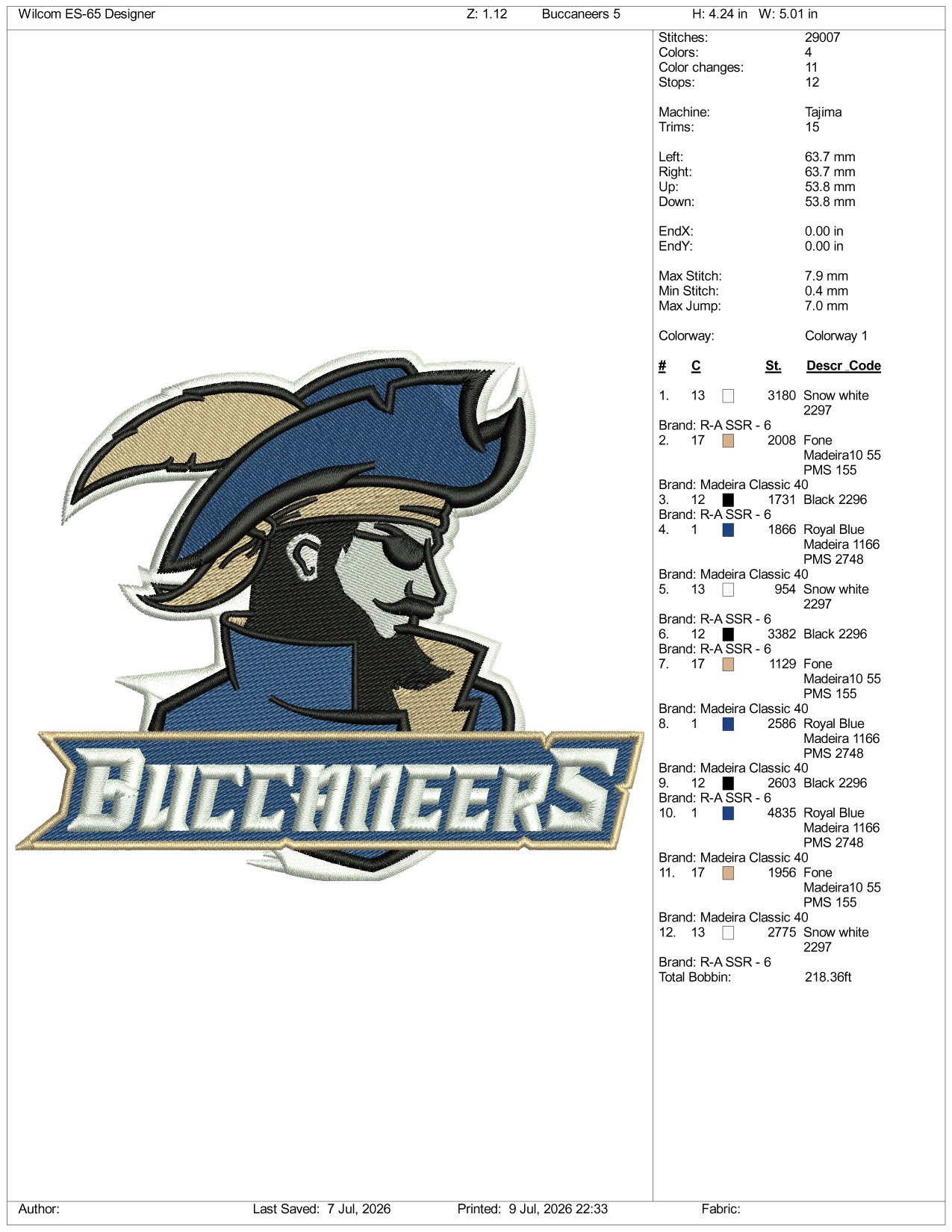 Charleston Southern Buccaneers Football Logo Embroidery Design Files - 3 Size's