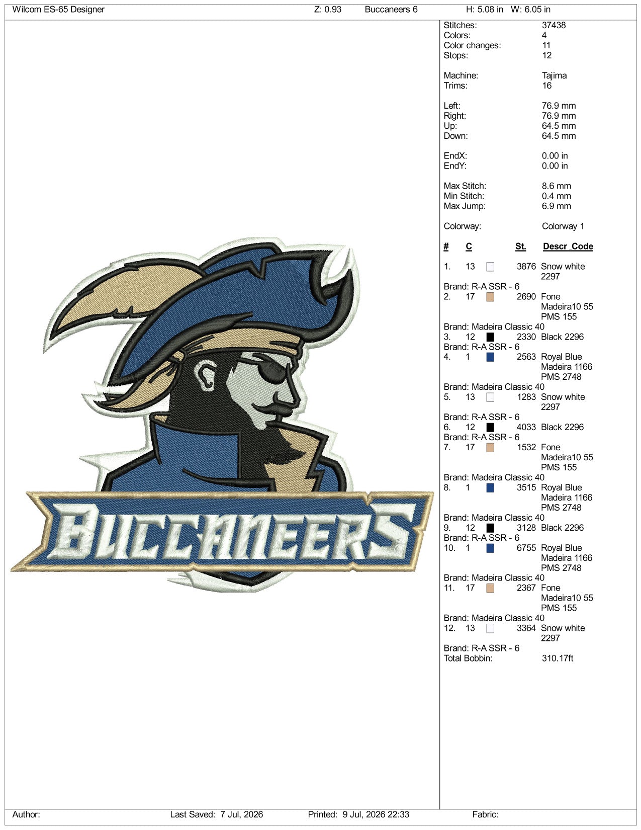 Charleston Southern Buccaneers Football Logo Embroidery Design Files - 3 Size's