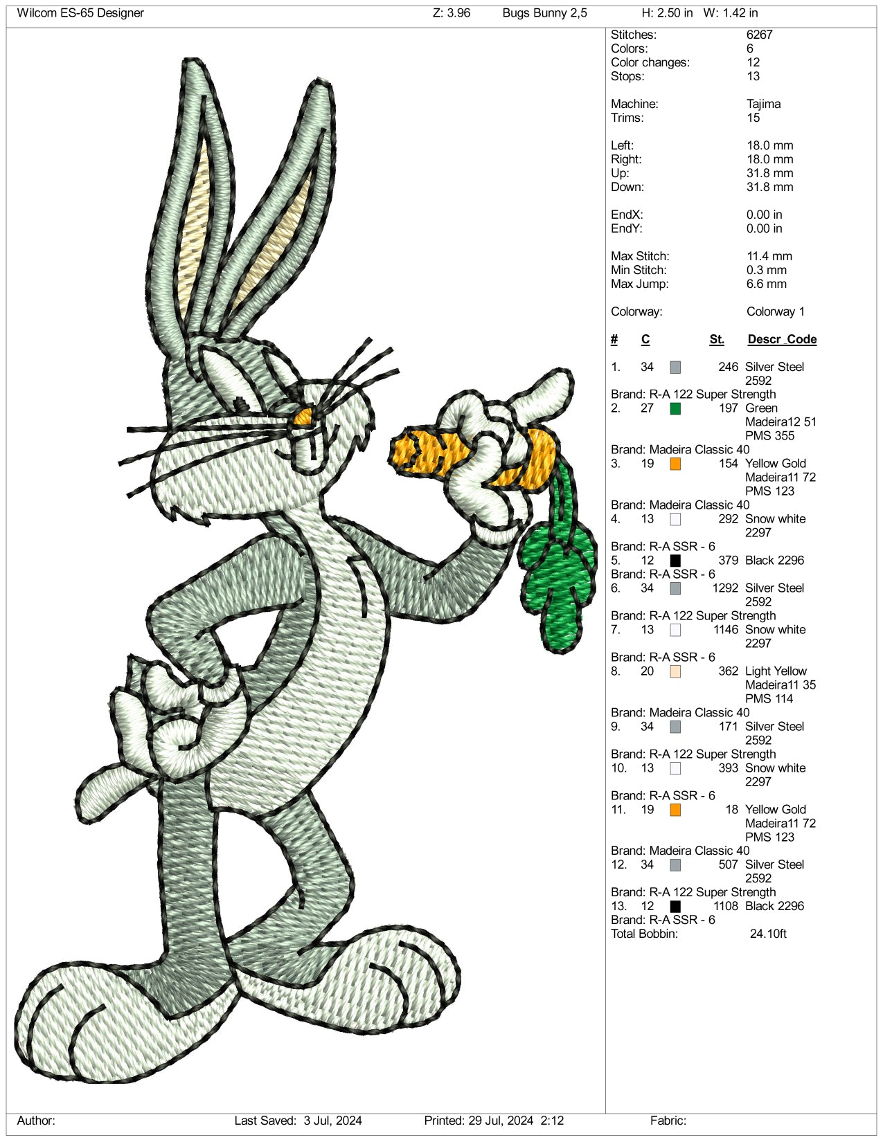 Bugs Bunny Embroidery Design Files - 3 Size's