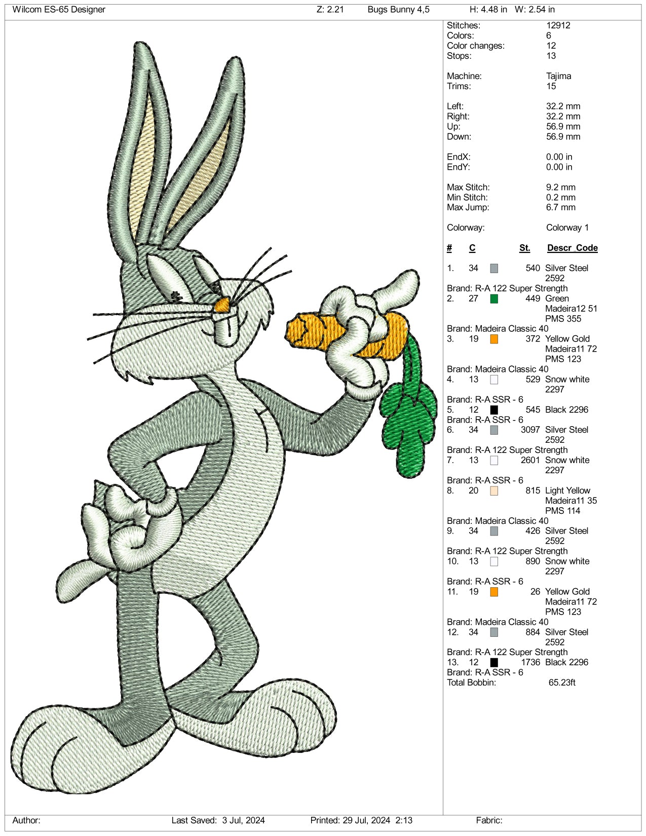 Bugs Bunny Embroidery Design Files - 3 Size's