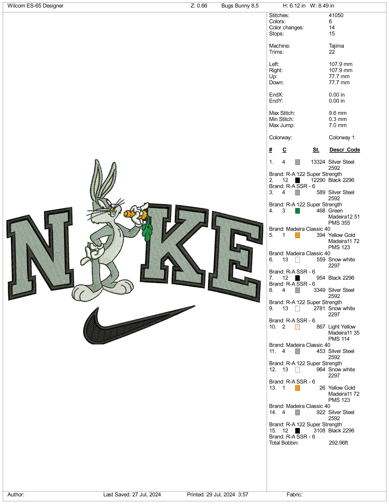 Nike Bugs Bunny Embroidery Design Files - 3 Size's