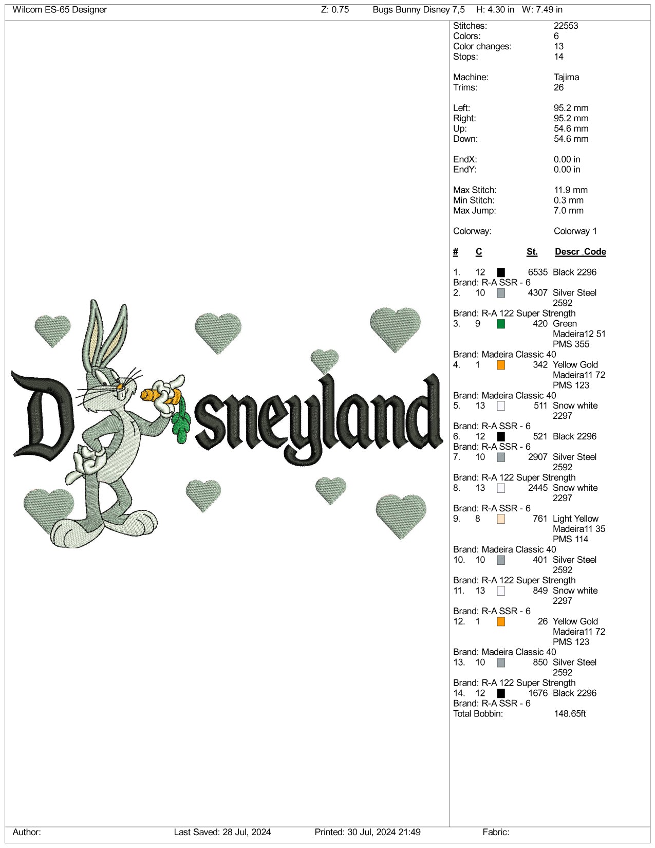 Bugs Bunny Disneyland Embroidery Design Files - 3 Size's