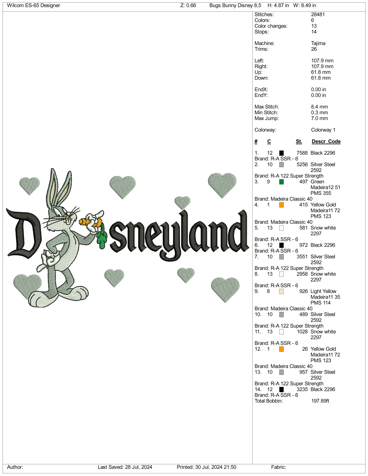 Bugs Bunny Disneyland Embroidery Design Files - 3 Size's