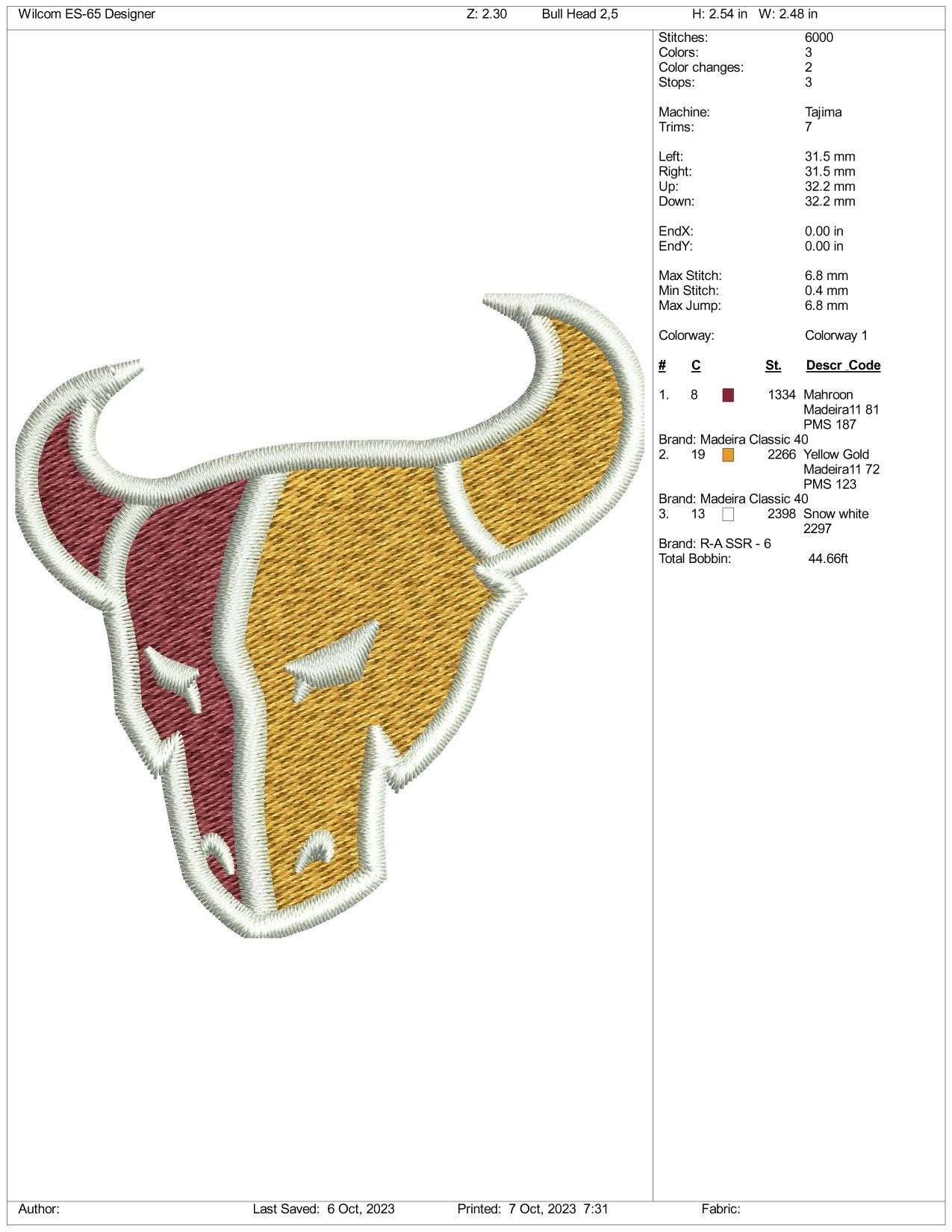 Bull Face Embroidery Design Files - 4 Size's