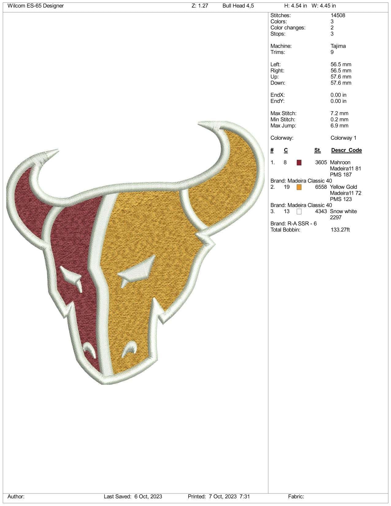 Bull Face Embroidery Design Files - 4 Size's