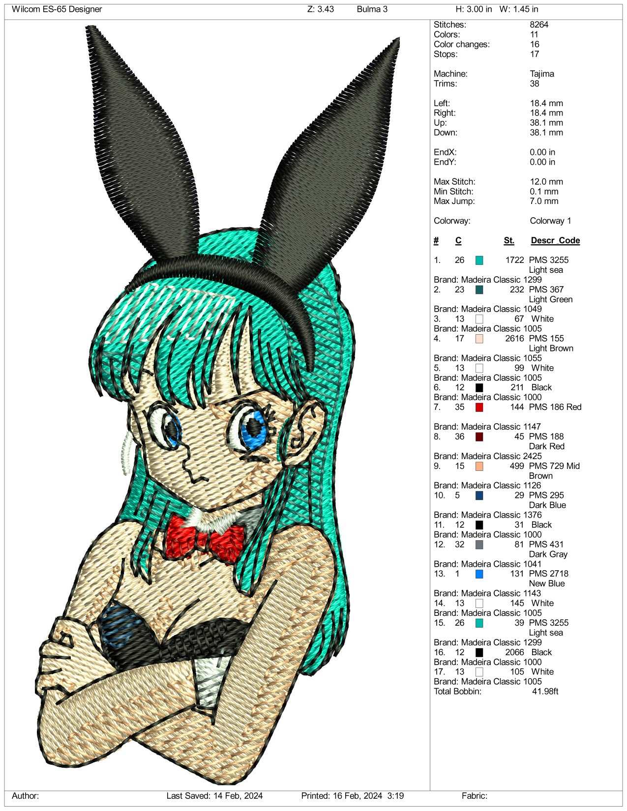 Bulma Half Embroidery Design Files - 3 Size's