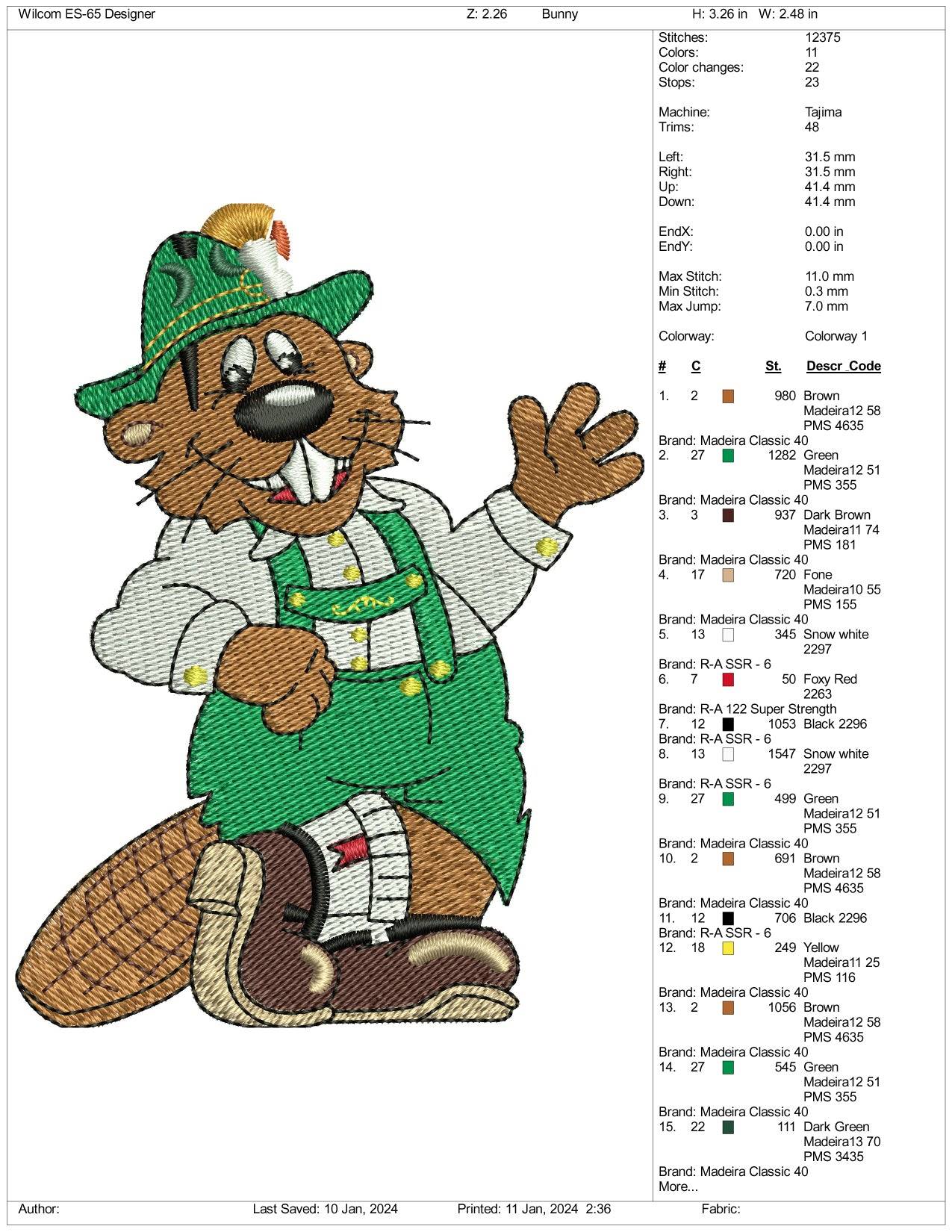 Beaver Dam Bear Embroidery Design Files - 3 Size's